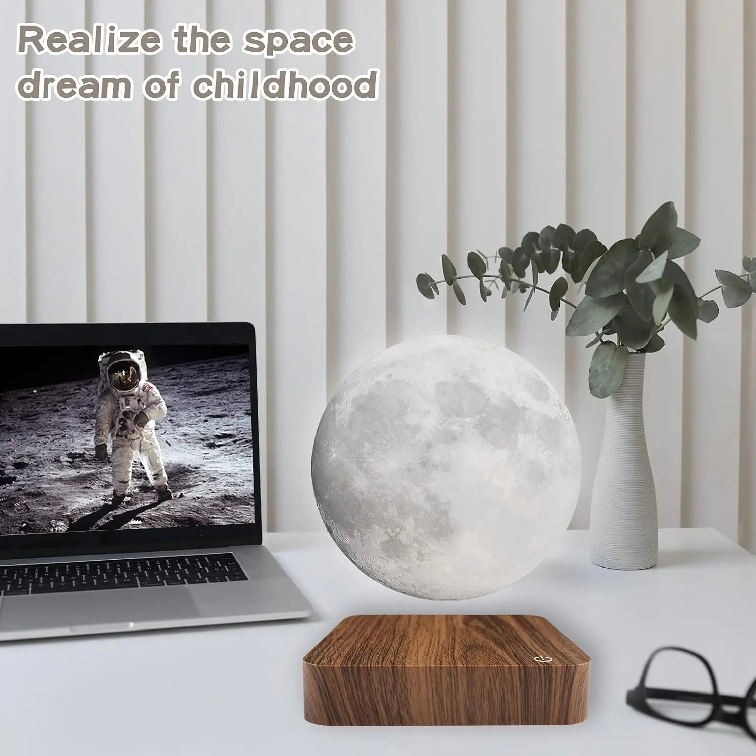 Floating Rotating LED Moon Lamp with Wooden Base,