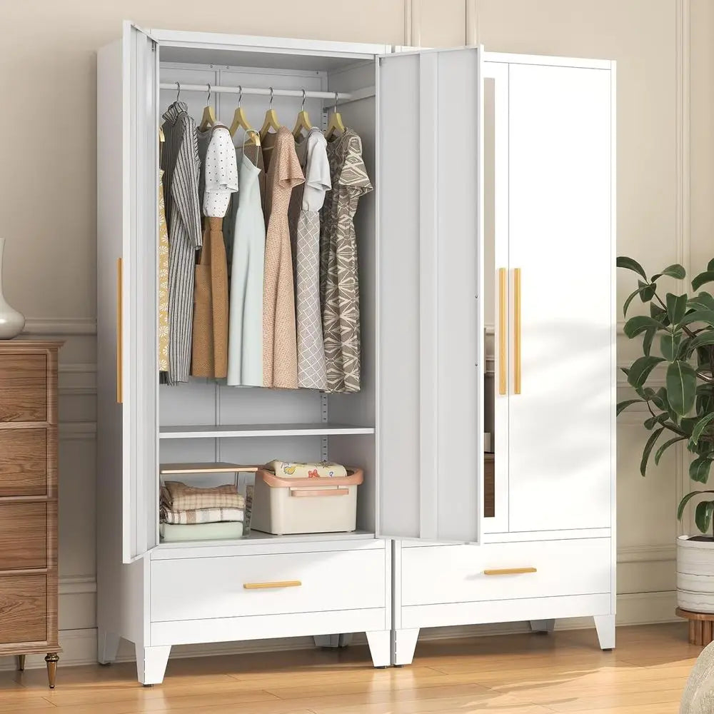 72 Inch Tall Metal Wardrobe with Hanging Rod, Adjustable Shelf, Drawer, and Mirror - Large Storage Cabinet for Bedroom, Office,