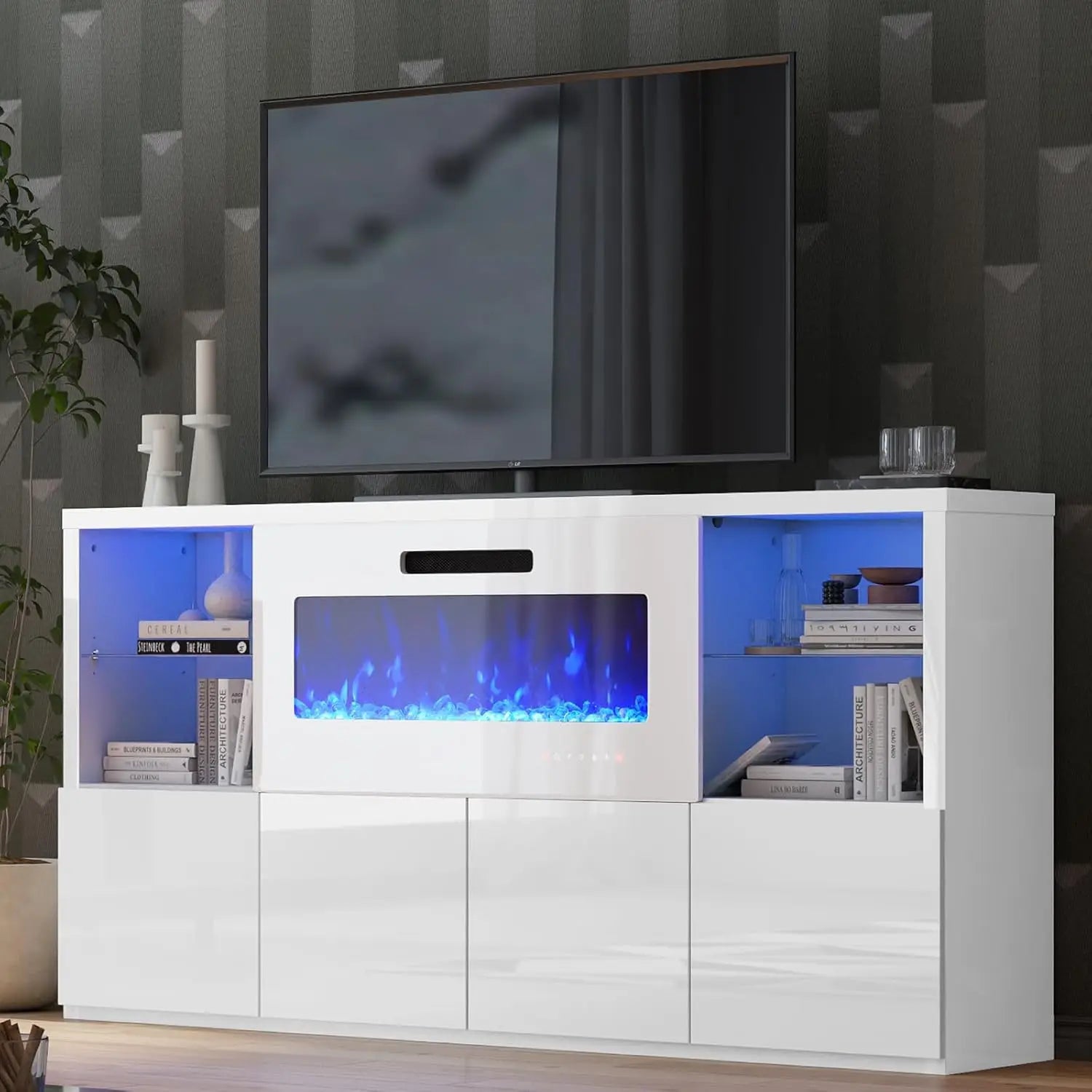 68" Fireplace TV Stand with 40" LED Insert, Glass Shelves