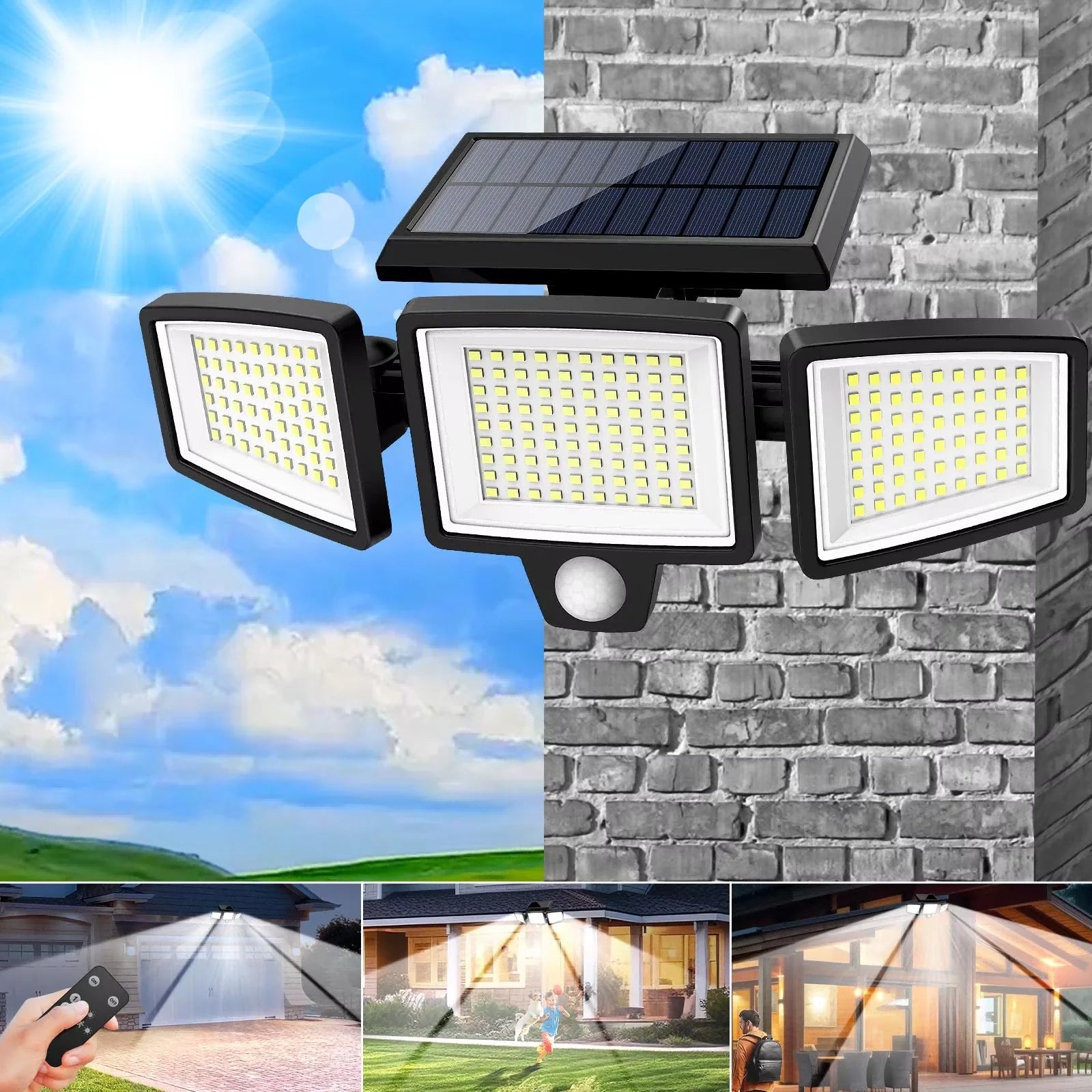 3-Head Solar Wireless Remote Outdoor Motion Light