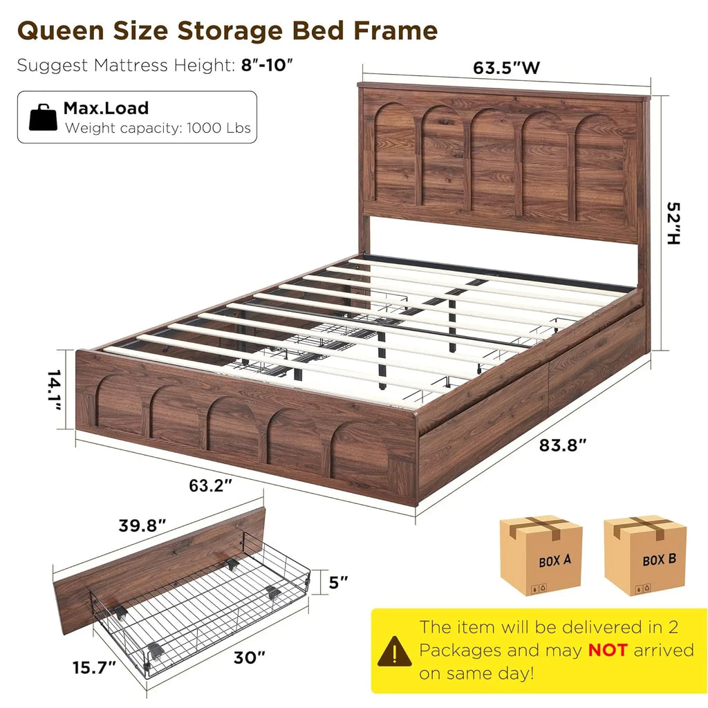 Queen Bed Frame with 4 Drawers Arched Headboard