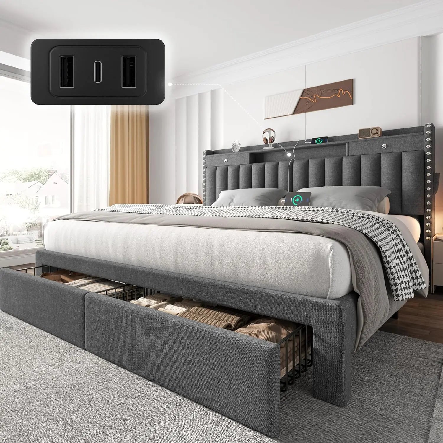 King Size Bed Frame with 4 Storage Drawers, USB Station