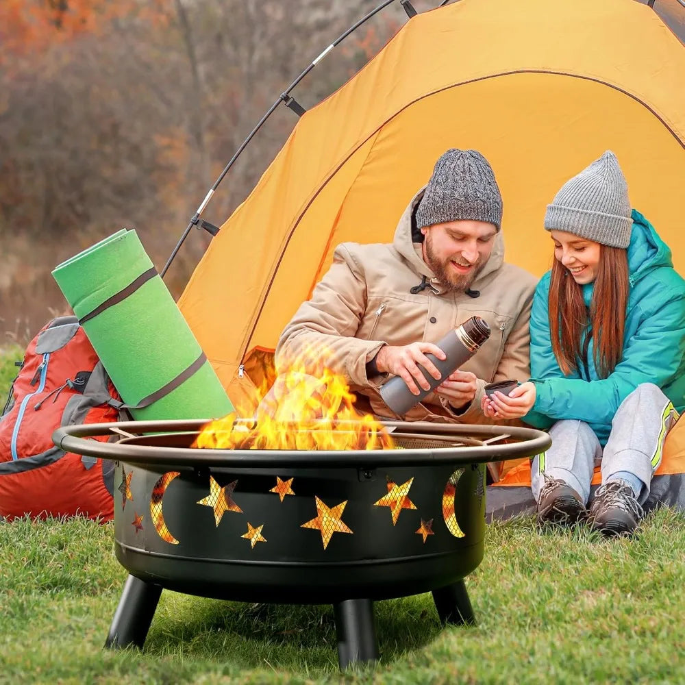 32" Round Wood Burning Fire Pit, Mesh Cover, Fire Poker