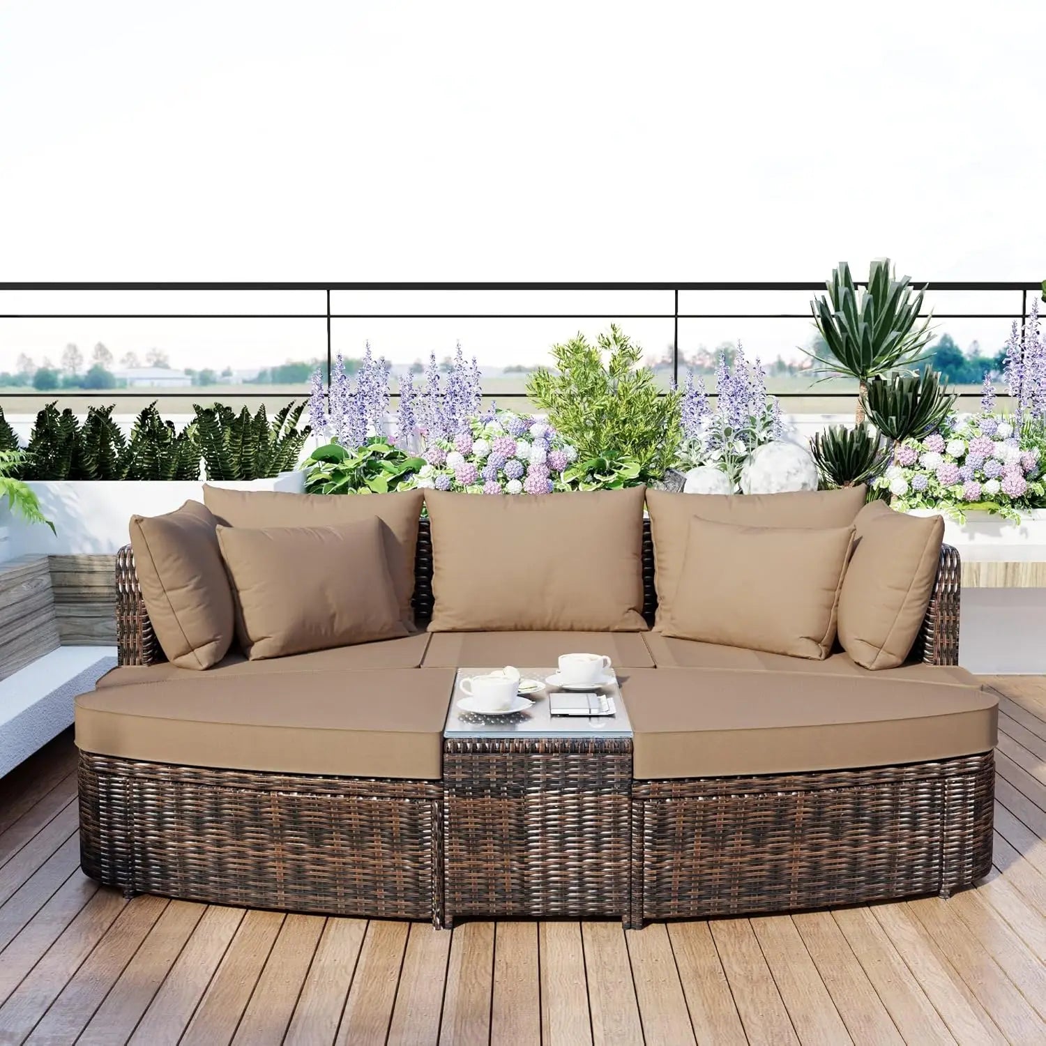 Wood Half-Moon Outdoor Sofa Set Coffee Table