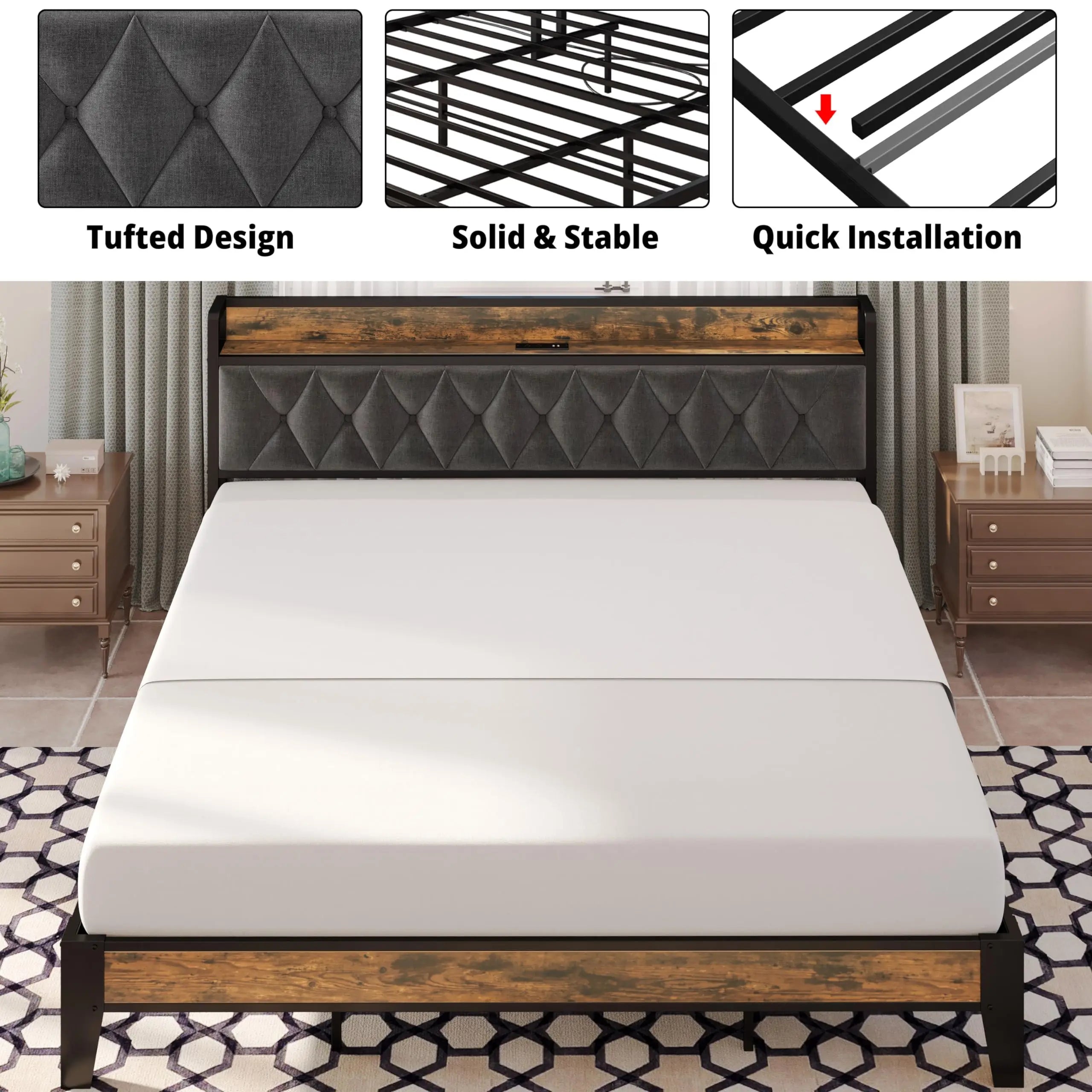 Bed Frames, Storage Headboard with Outlets Twin/TwinXL/Full/Queen/King