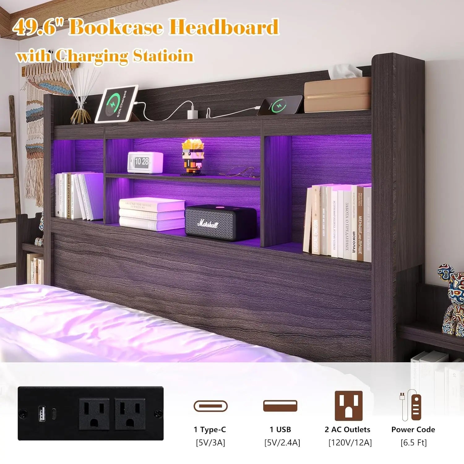 King Bed Frame, Bookcase, Headboard, 2 Bedside Storage Racks, Drawers
