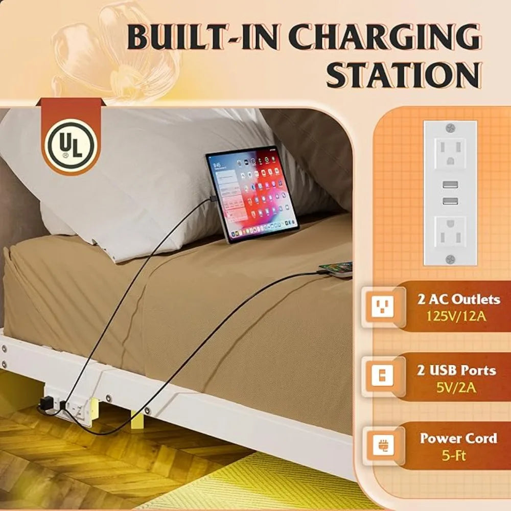 1500Lbs Heavy Duty Metal King Bed Frame with LED Light, Charging Station