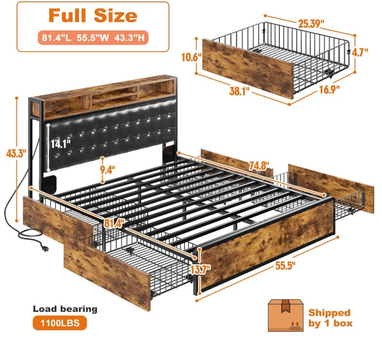 Full/Queen/King Bed Frame with Charging Station, 4 Storage Drawers