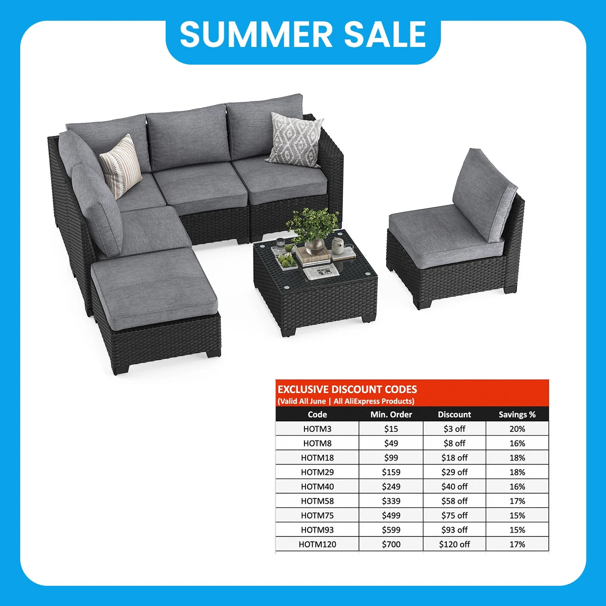 7pc. Outdoor Furniture with Ottoman, Water/Oil/Stain-Resistant Fabric