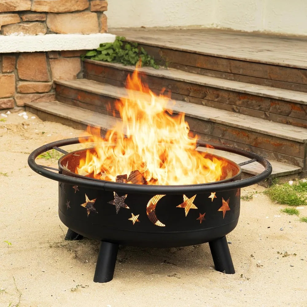 32" Round Wood Burning Fire Pit, Mesh Cover, Fire Poker