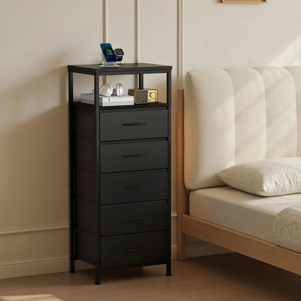 5 Fabric Drawer Nightstand with Charging/outlet