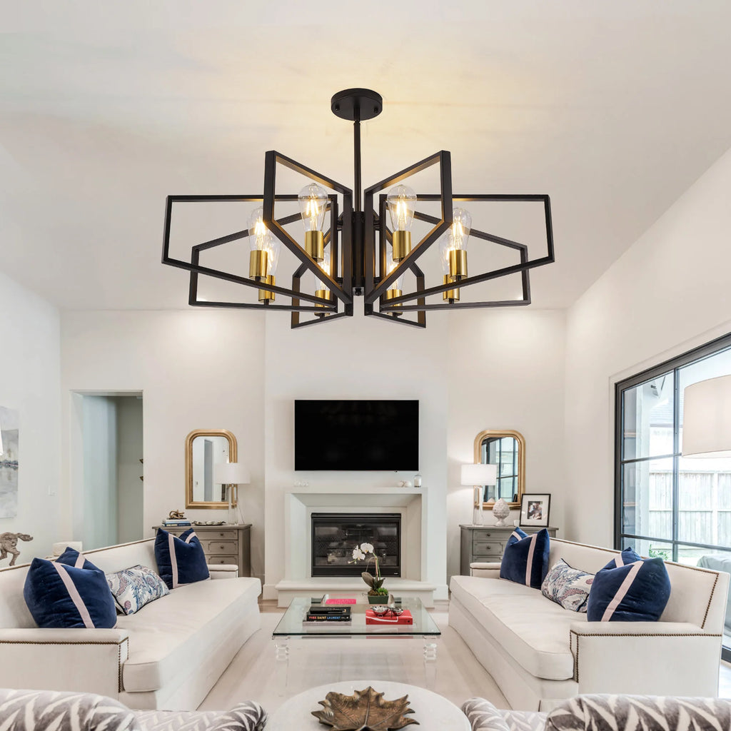 8-Light Geometric Chandelier Adjustable Height Metal Pendant