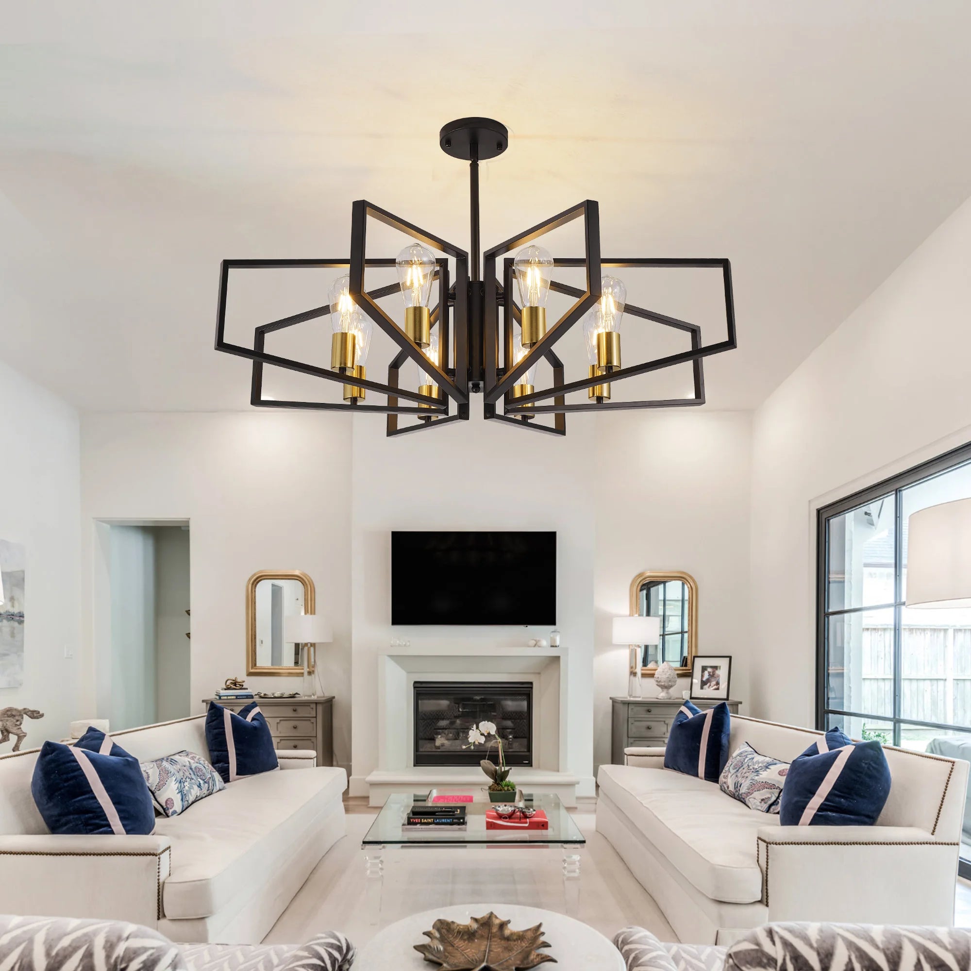 8-Light Geometric Chandelier Adjustable Height Metal Pendant