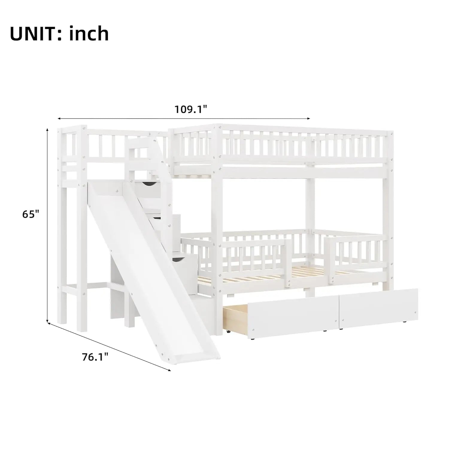 Twin Over Twin Bunk Bed with Slide, Storage Drawers & Staircase