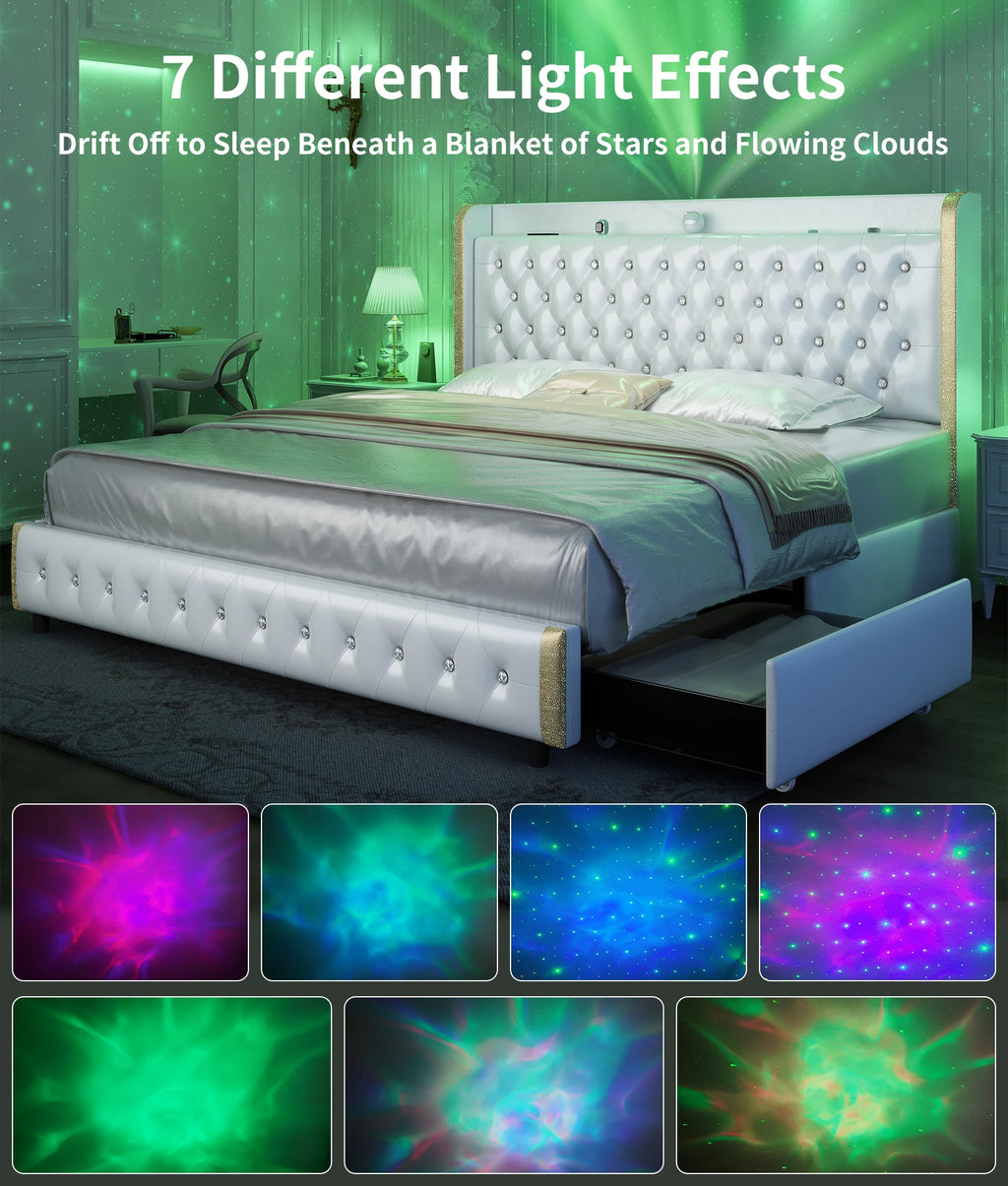 Queen Platform Bed Frame with LED Projector Lights, blue tooth