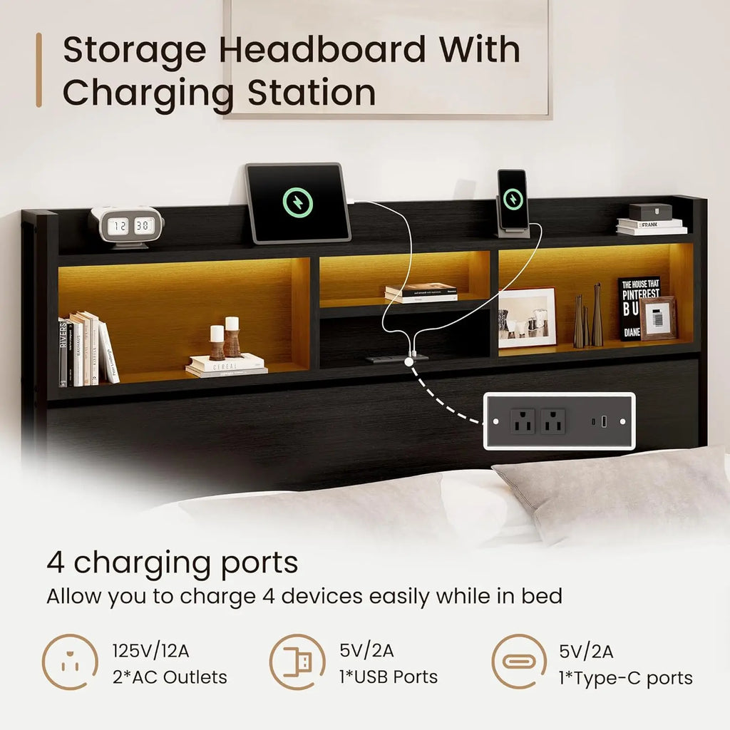 King Storage Bed Frame with 6 Drawers, USB station