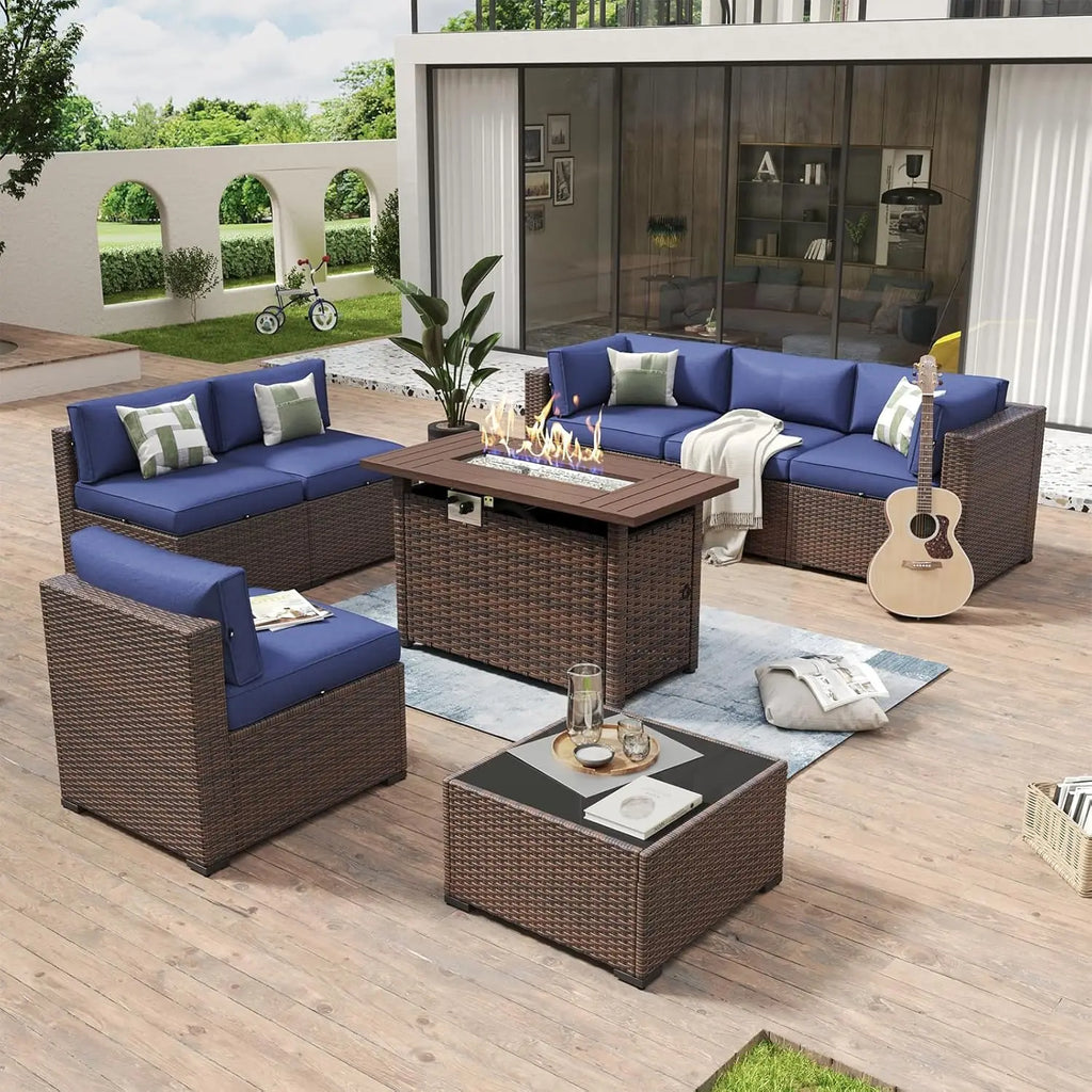 8 Piece Patio Furniture Set With 44” Fire Pit Table Wicker Rattan Outdoor Sectional Sofa Set With Coffee Table And, Customized