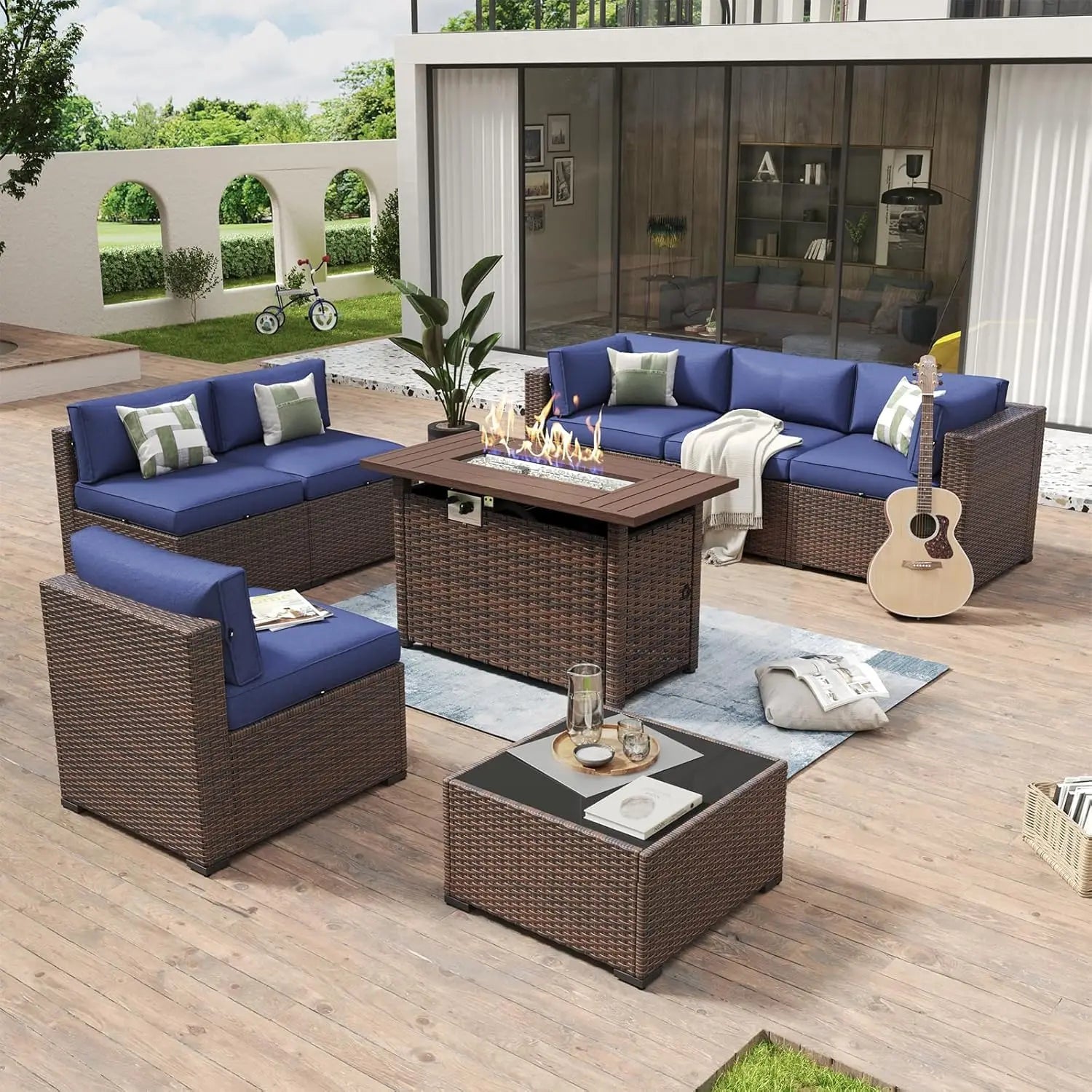 8 Piece Patio Furniture Set With 44” Fire Pit Table Wicker Rattan Outdoor Sectional Sofa Set With Coffee Table And, Customized