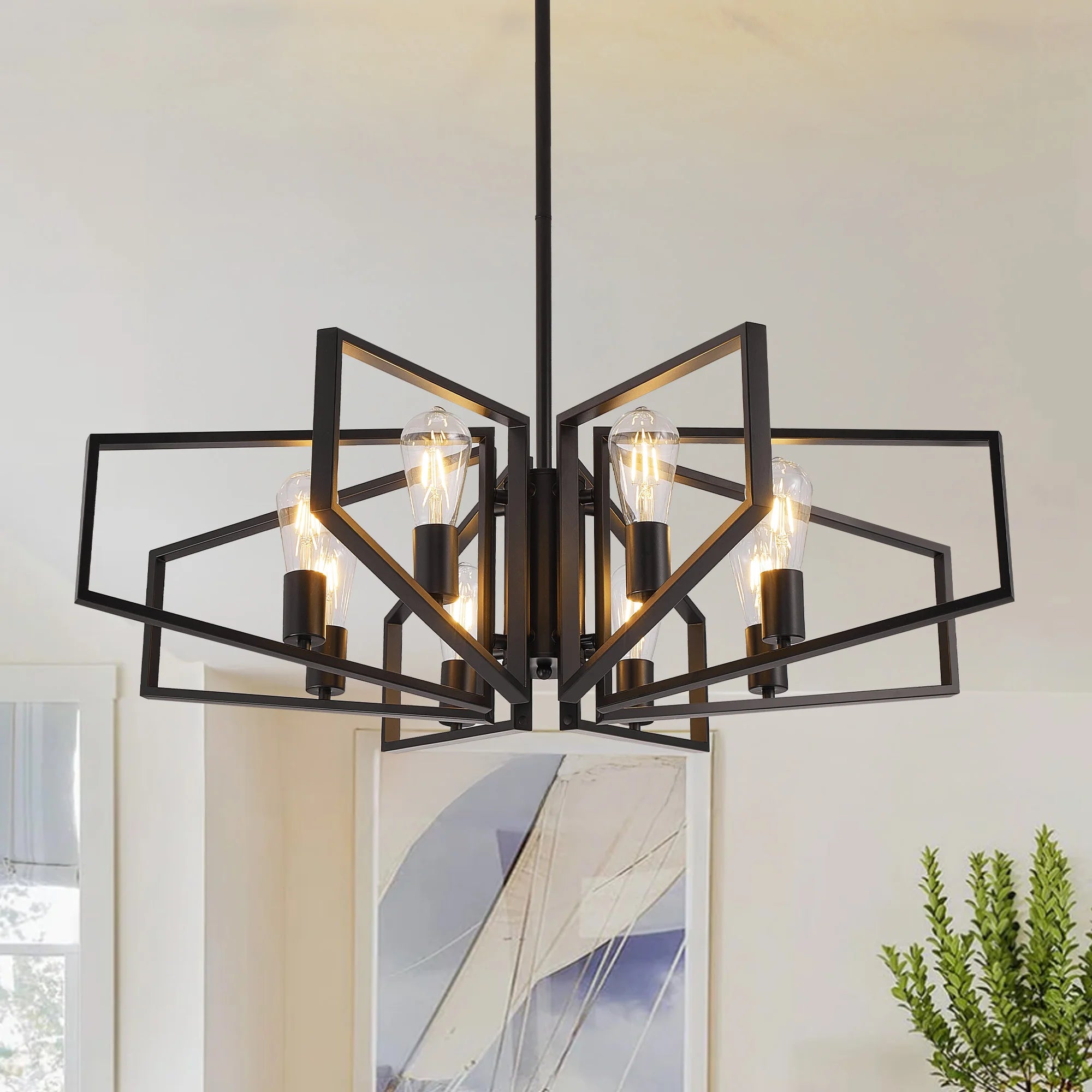 8-Light Geometric Chandelier Adjustable Height Metal Pendant