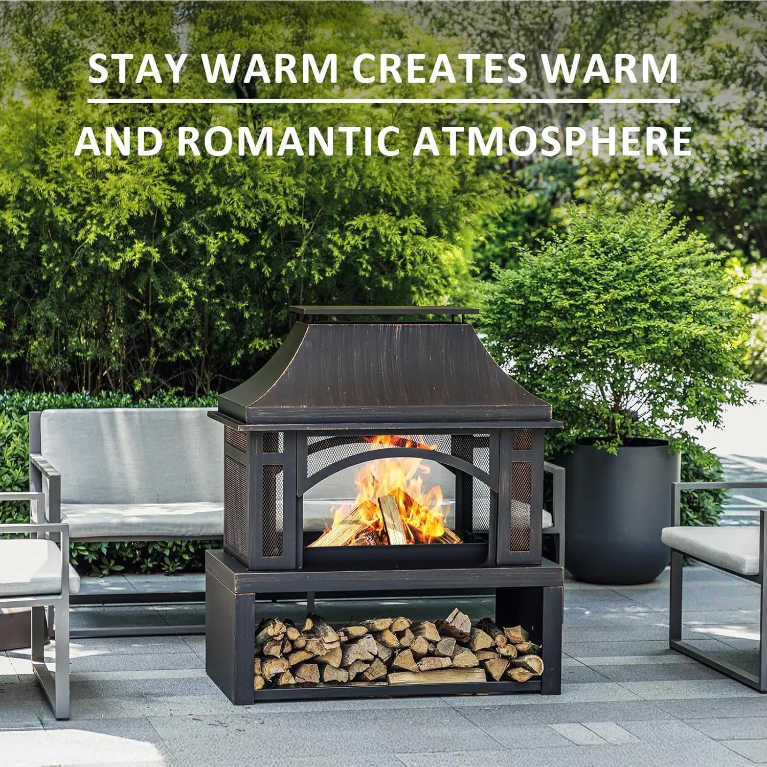39" Wood Storage Fireplace, Chimney, Mesh Spark Screen