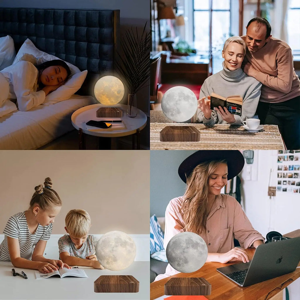 Floating Rotating LED Moon Lamp with Wooden Base,