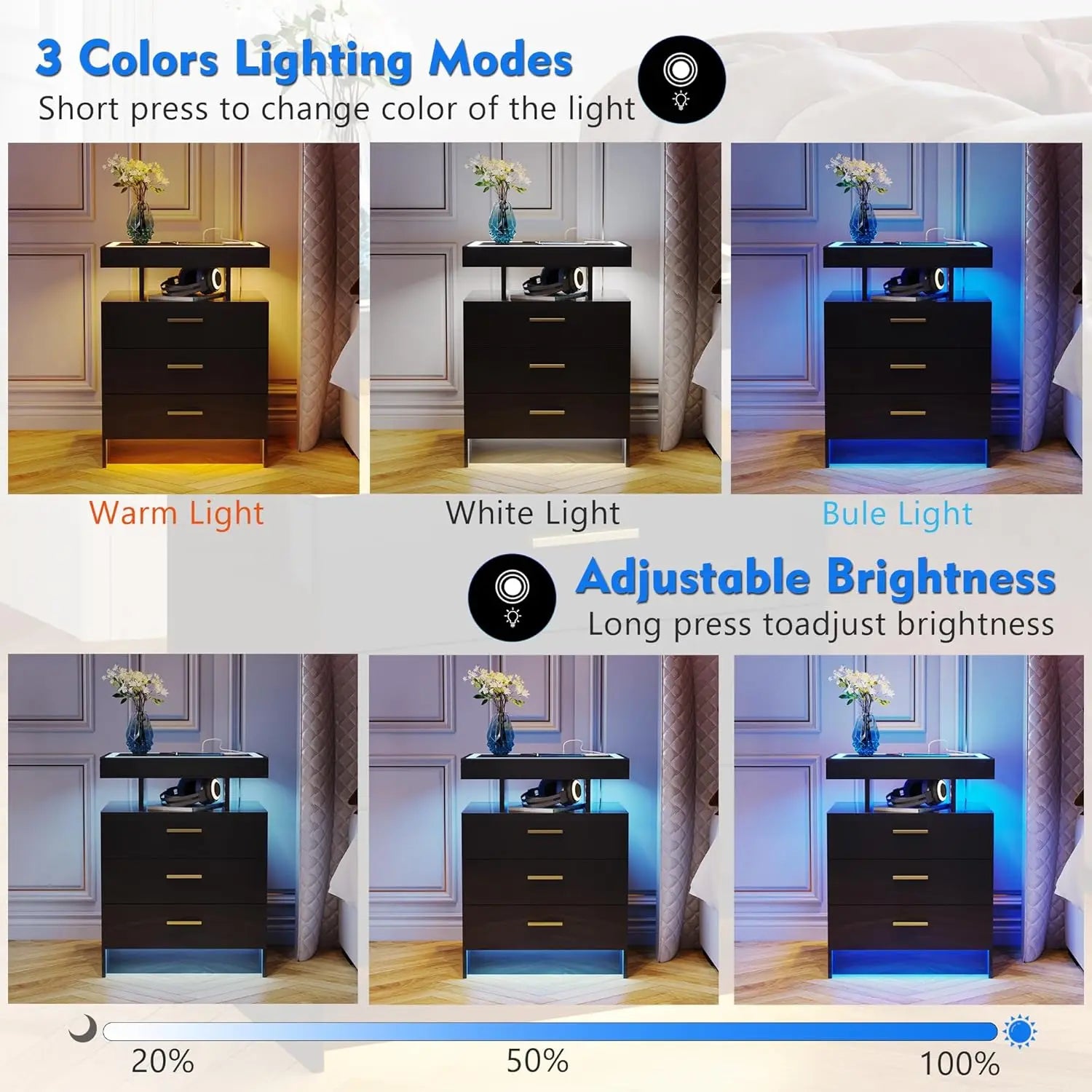 2 Nightstands Wireless Charging LED