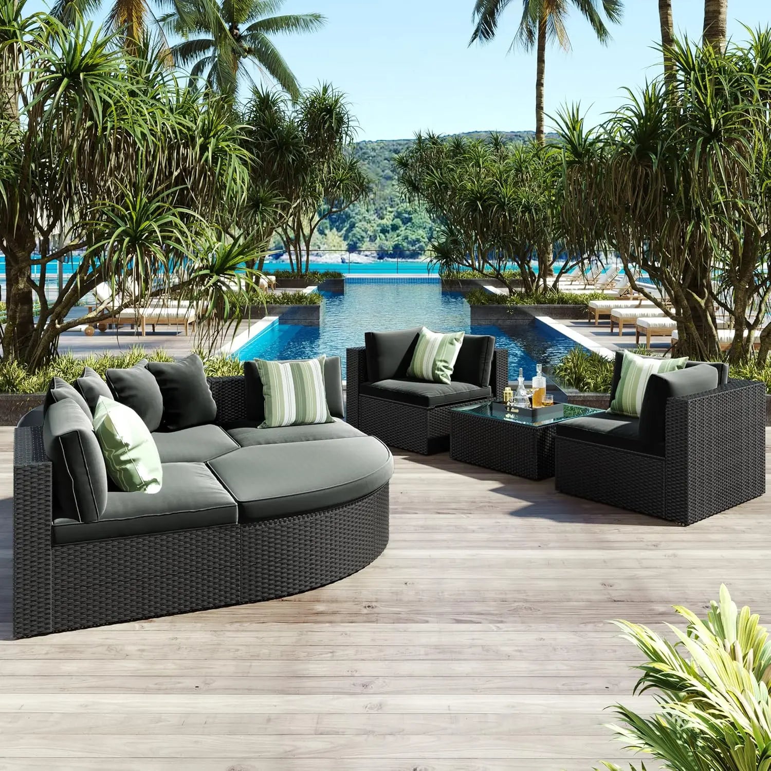 Wood Half-Moon Outdoor Sofa Set Coffee Table