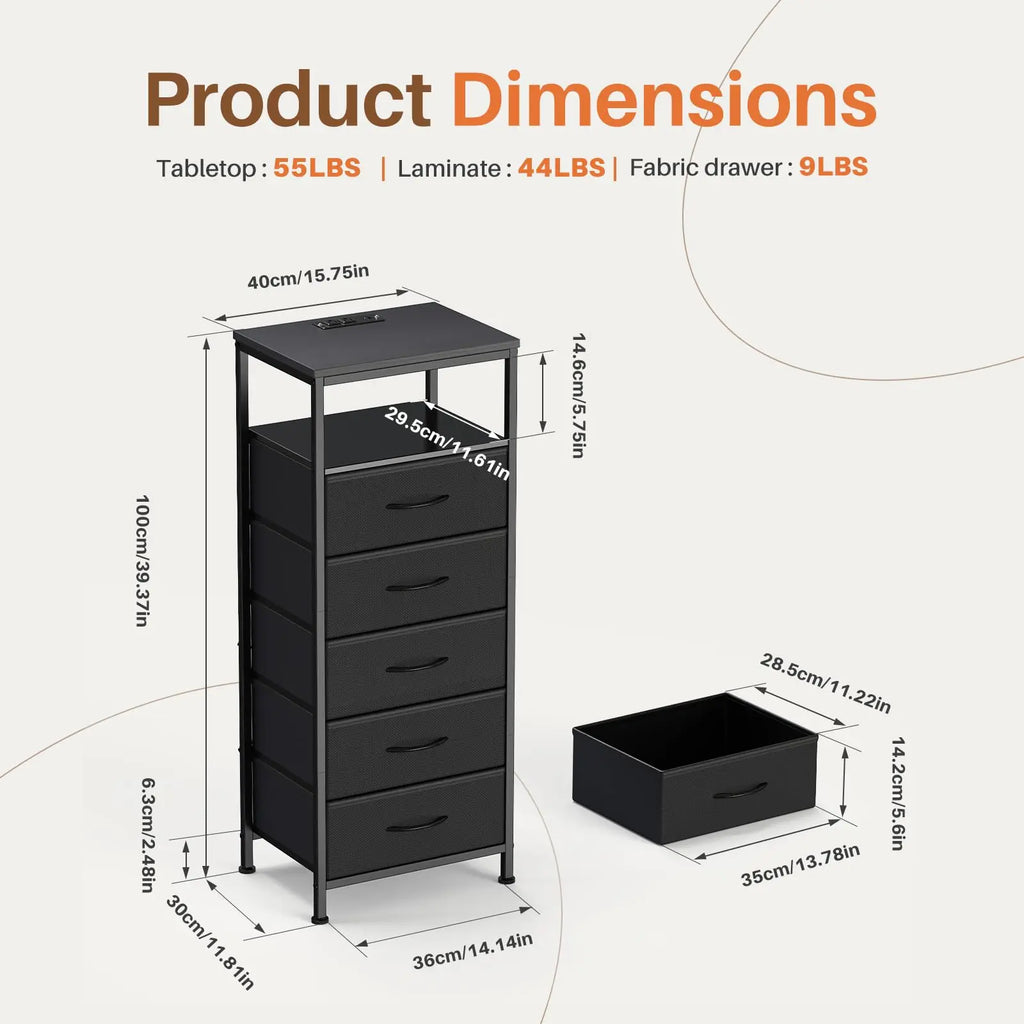 5 Fabric Drawer Nightstand with Charging/outlet