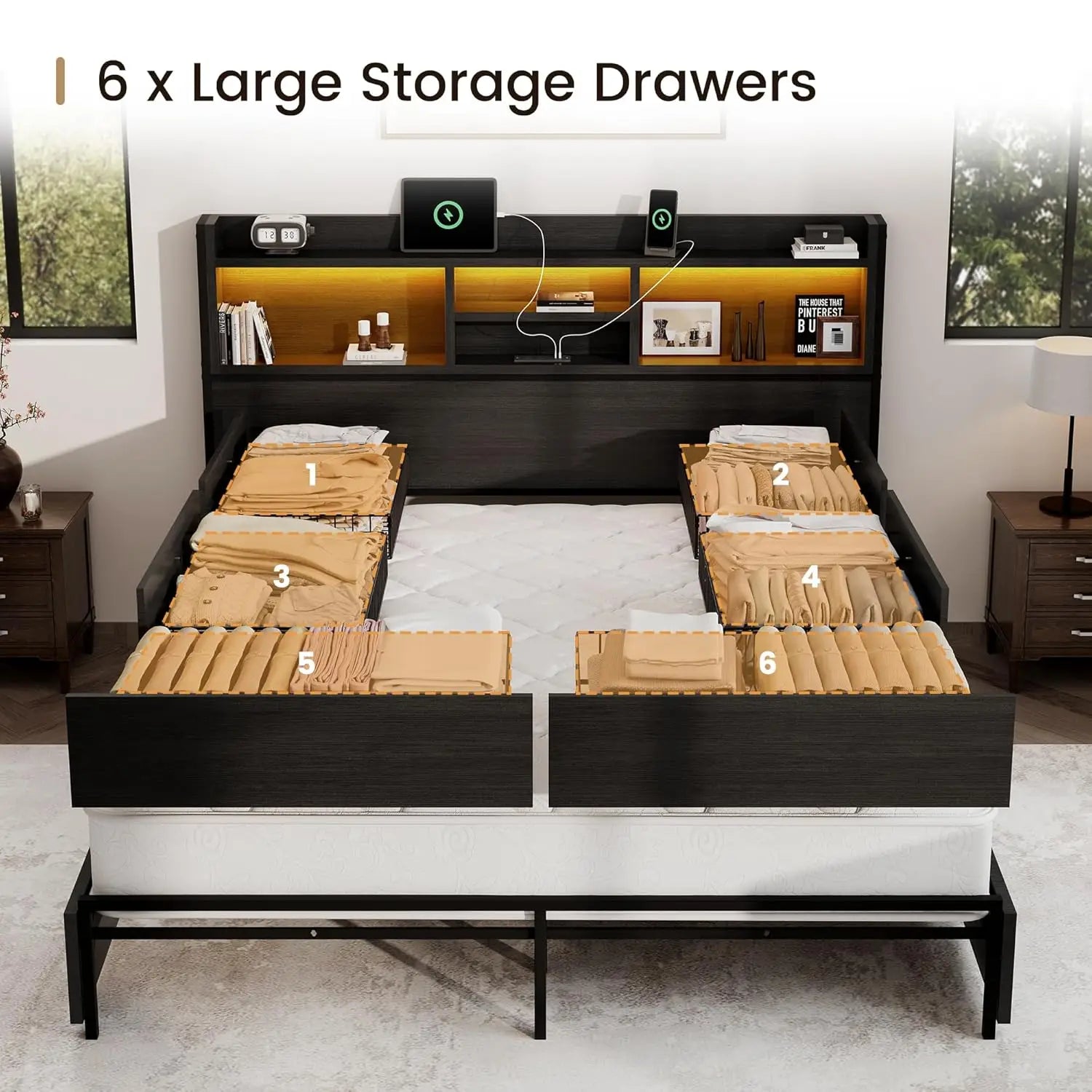 King Storage Bed Frame with 6 Drawers, USB station