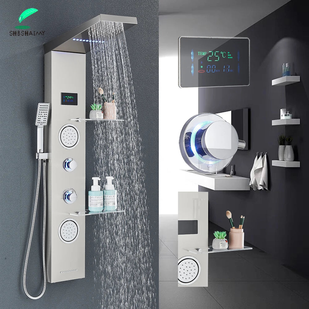 Brushed Nickel Bathroom LED Rainfall Shower Faucet