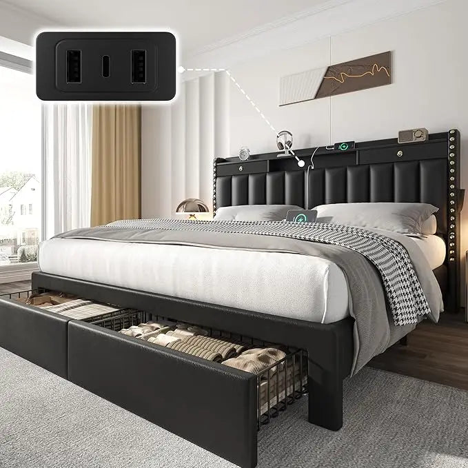Queen Bed Frame with Headboard ＆ 4 Drawers