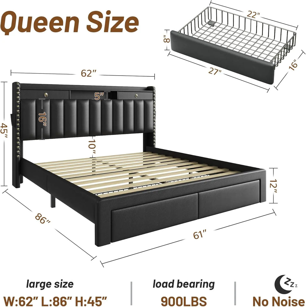 Queen Bed Frame with Headboard ＆ 4 Drawers
