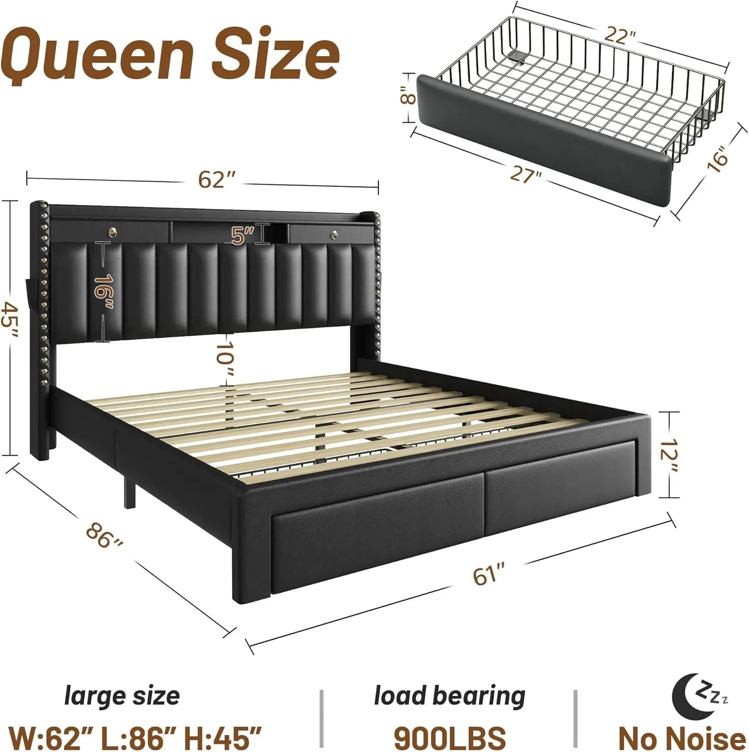 Queen Bed Frame with Headboard ＆ 4 Drawers