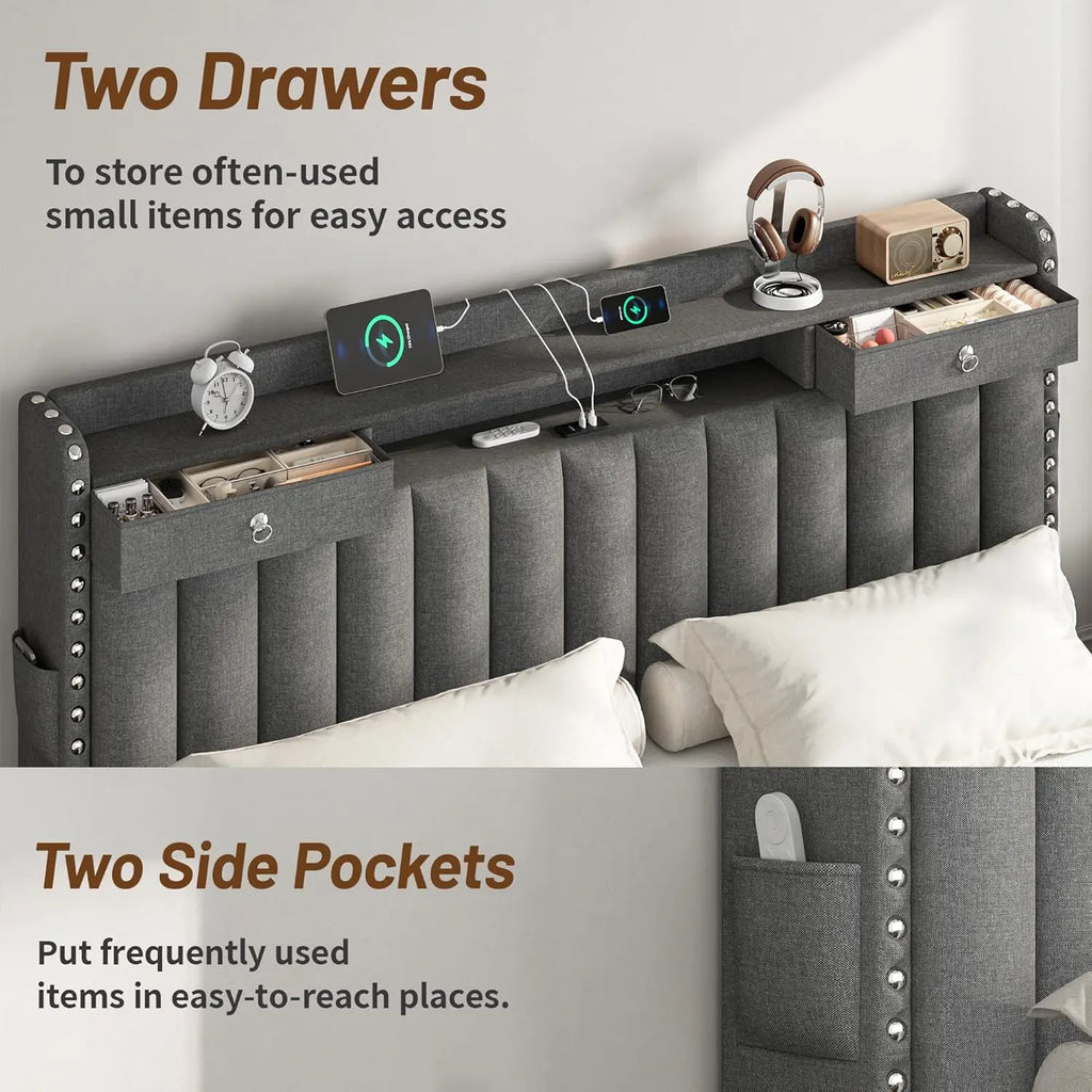 King Size Bed Frame with 4 Storage Drawers, USB Station