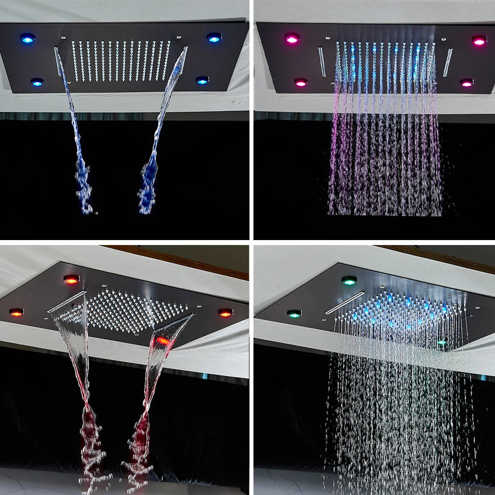 Black Rain Waterfall Shower Head Remote Control LED