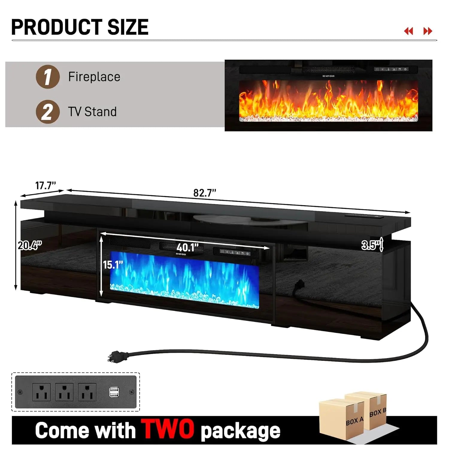 LED TV Stand with Electric Fireplace & Power Outlet