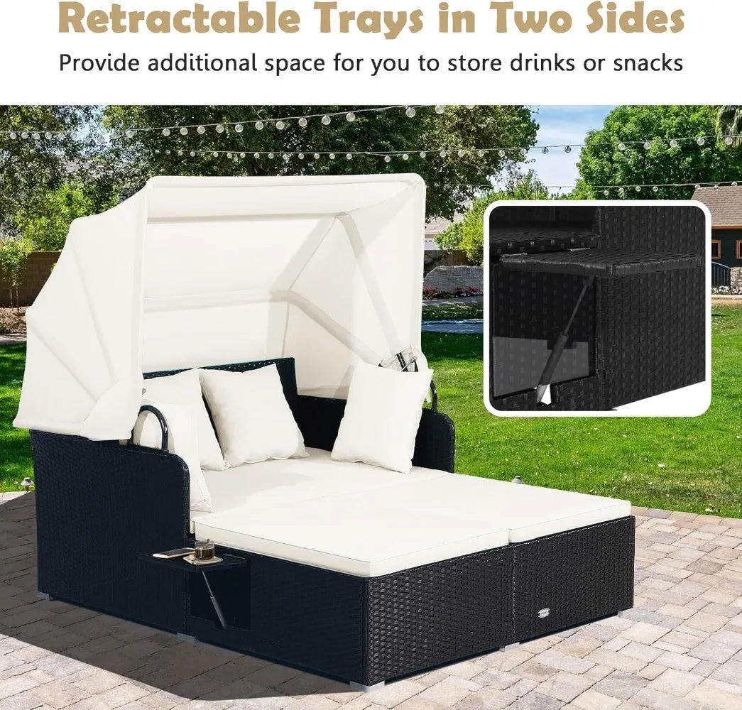 Daybed with Retractable Canopy, 2 Foldable Side Tables
