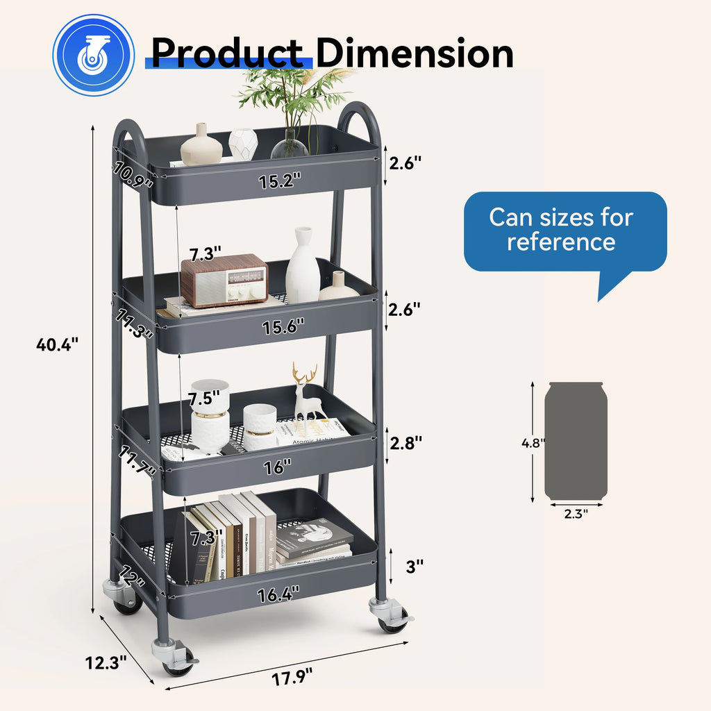 4 Tier Kitchen Cart W/Lockable Wheels