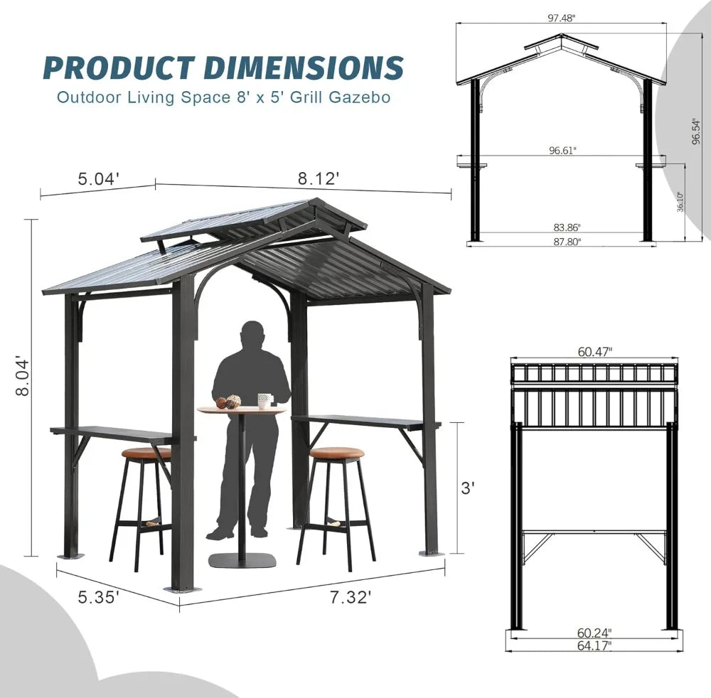 8x5FT Hardtop Grill Gazebo with Double Steel Roof
