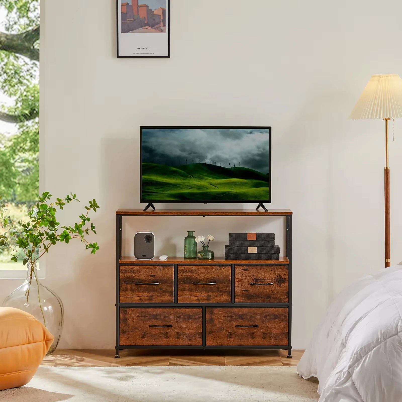 Fireplace TV Stand with 5 Fabric Drawers