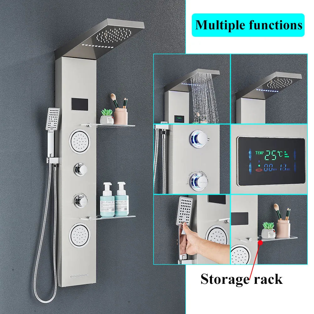 Brushed Nickel Bathroom LED Rainfall Shower Faucet