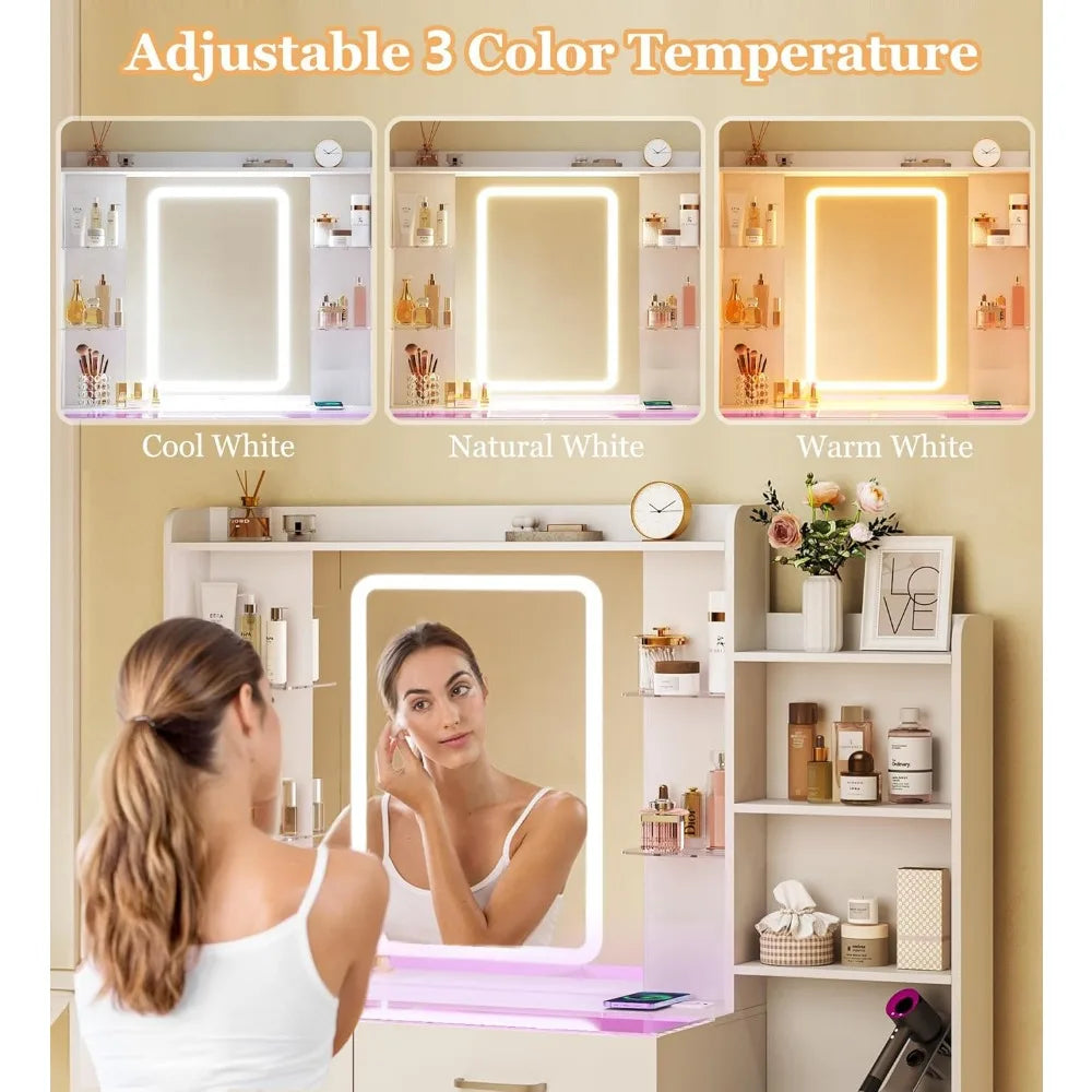 Vanity Desk with LED Mirror, Wireless Charging, 3 Color Lights, Power Outlet