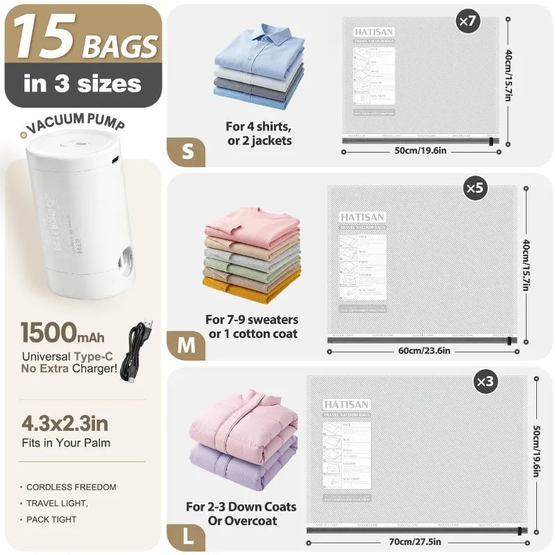 15 Pack Vacuum Bags ,Rechargeable Air Pump