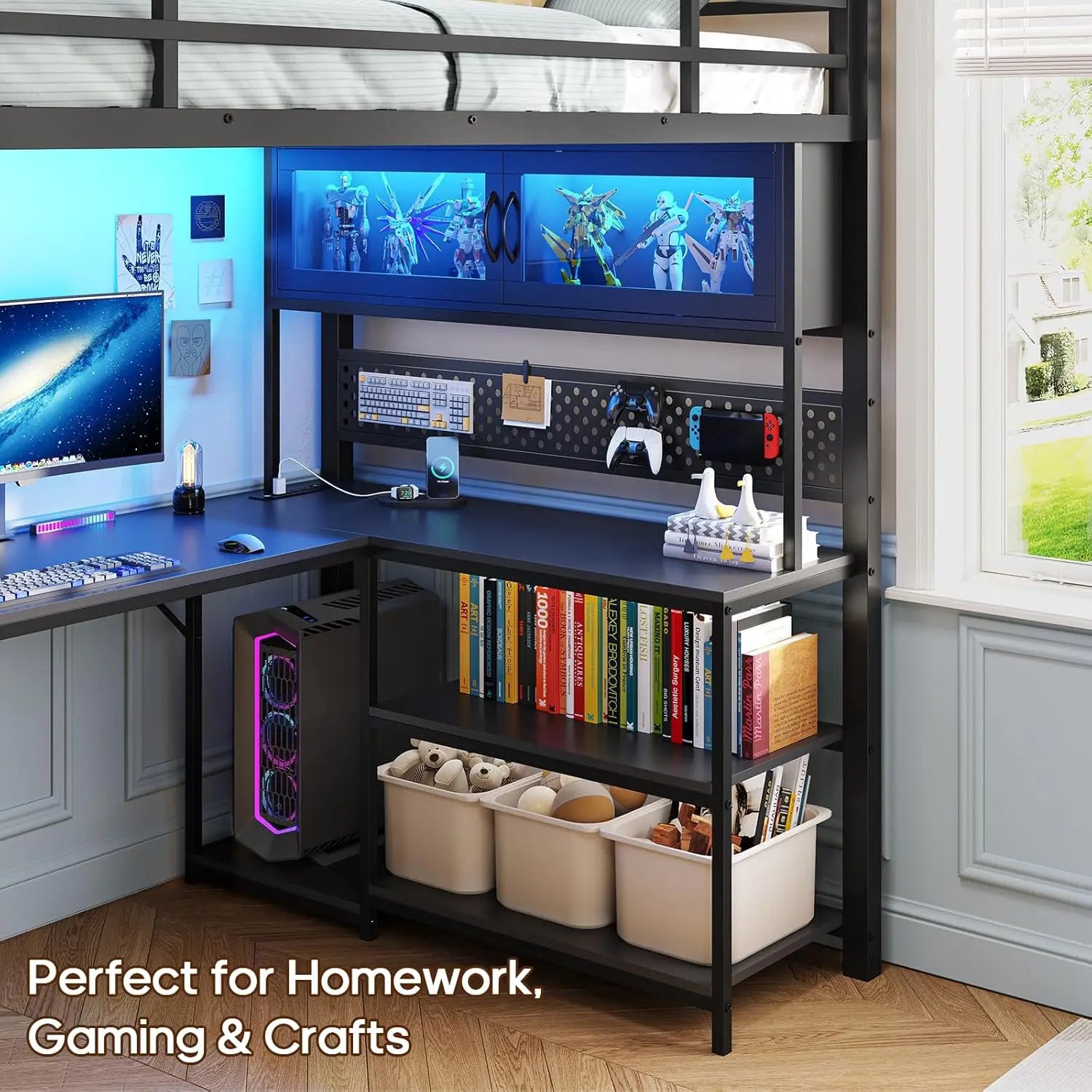 Twin Loft Bed desk Storage Hutch with Power Outlet