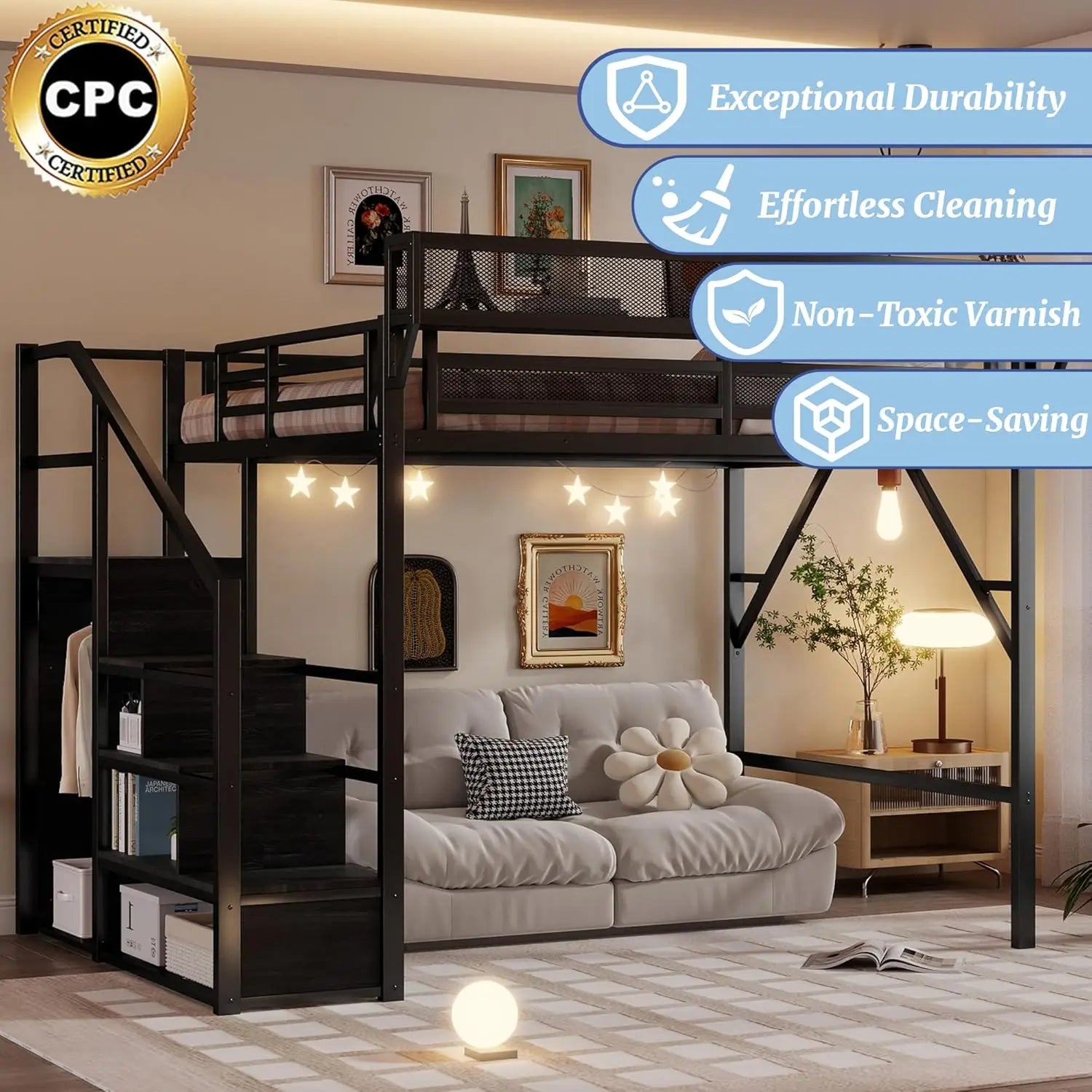 Queen Size Loft Bed with Stairs & Storage