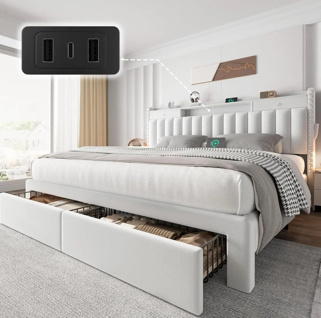 King Size Bed Frame with 4 Storage Drawers, USB Station