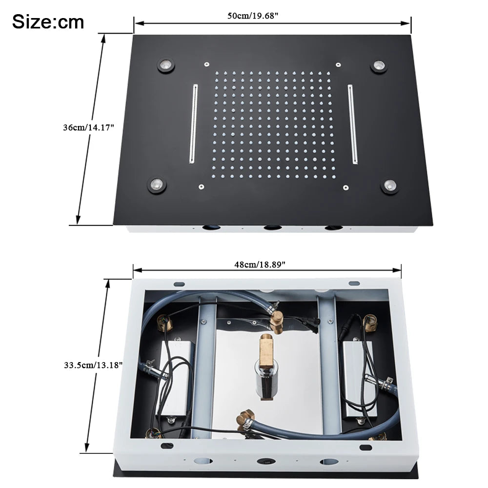 Black Rain Waterfall Shower Head Remote Control LED