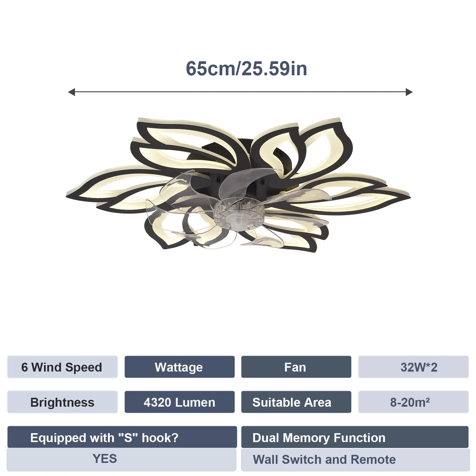 Ceiling Light with Silent Fan, adjustable speed, dimmable LED, remote control