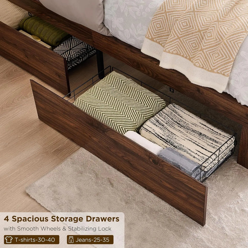 Queen Bed Frame with 4 Drawers Arched Headboard