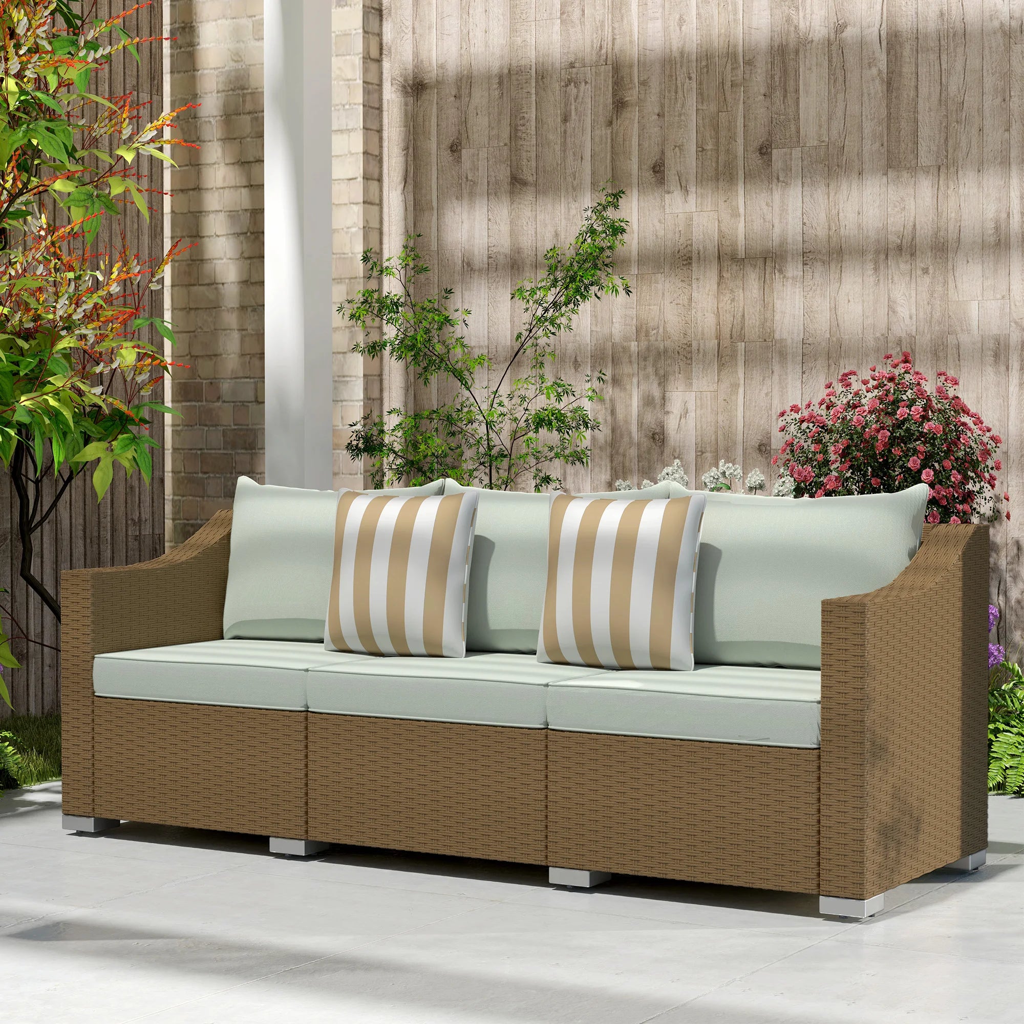 3 Seater Patio Wicker Sofa, Outdoor Furniture Rattan Couch with Cushions, Throw Pillows, for Garden, Backyard, Porch, Light Gray